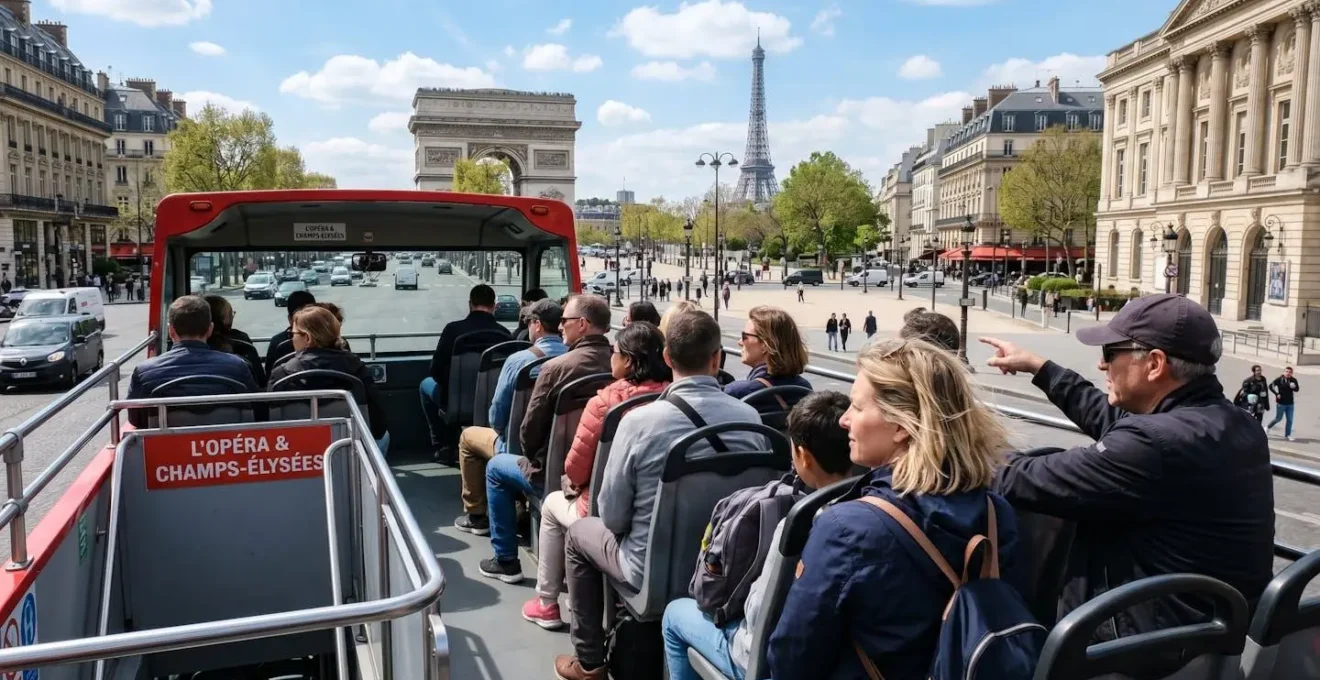 Groupe de touristes vus de dos sur l'étage supérieur découvert d'un bus à impériale, admirant les monuments parisiens lors d'une journée ensoleillée