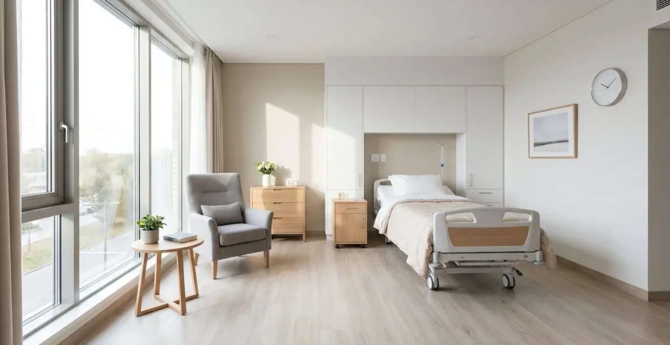 Chambre individuelle d'EHPAD contemporaine avec lit médicalisé, fauteuil confortable et large fenêtre apportant une lumière naturelle abondante