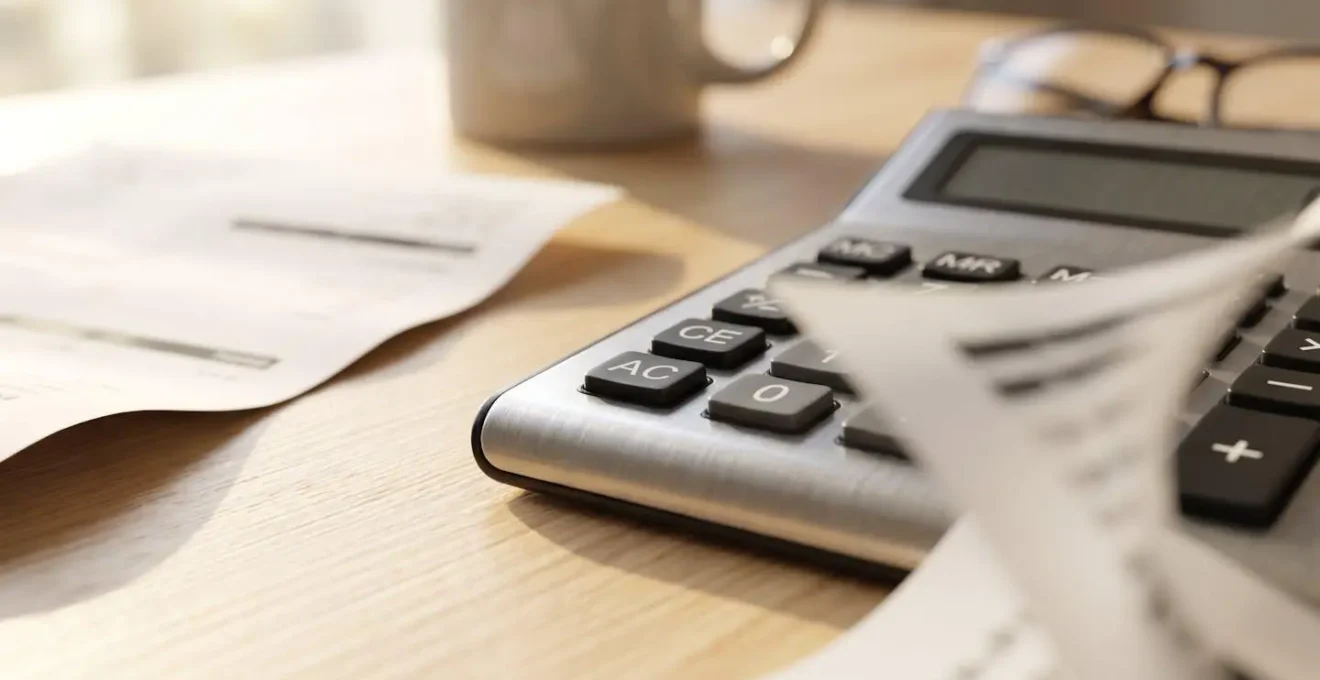 Gros plan sur des documents administratifs d'EHPAD et une calculatrice posés sur une table en bois, éclairage naturel doux