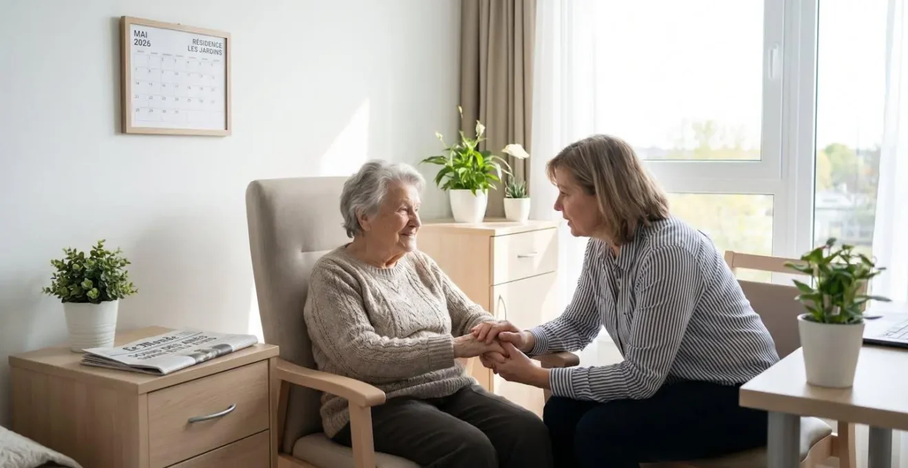 Une femme âgée assise près d'une fenêtre lumineuse reçoit la visite d'une proche dans une chambre d'établissement médicalisé moderne