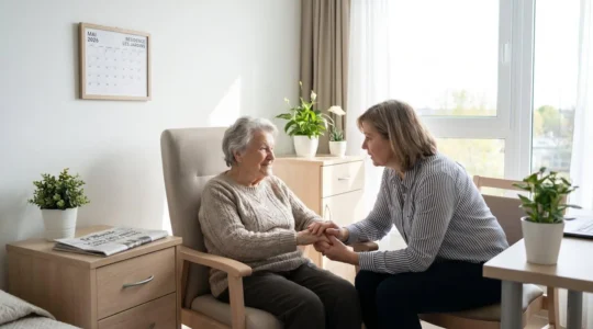 Une femme âgée assise près d'une fenêtre lumineuse reçoit la visite d'une proche dans une chambre d'établissement médicalisé moderne